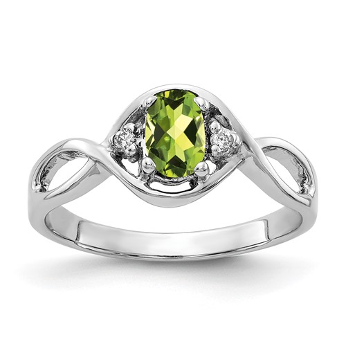 14K White Gold 6x 4mm Oval Peridot and AA Diamond Ring