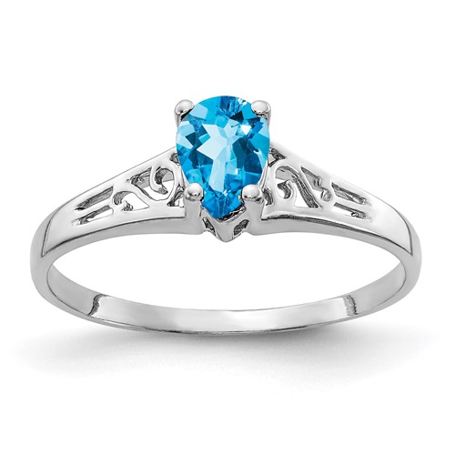 14K White Gold 6x 4mm Pear Blue Topaz Filigree Ring