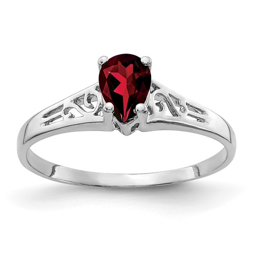 14K White Gold 6x 4mm Pear Garnet Filigree Ring