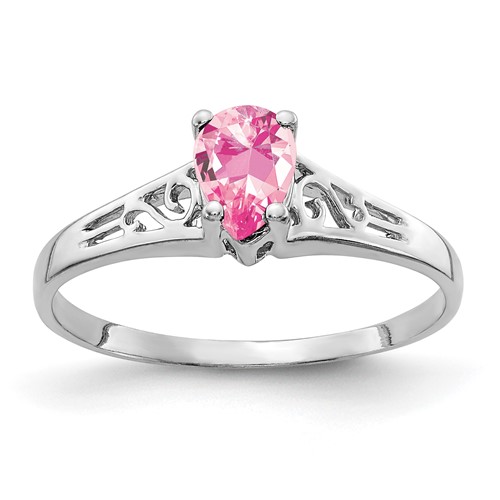 14K White Gold 6x 4mm Pear Pink Tourmaline Filigree Ring