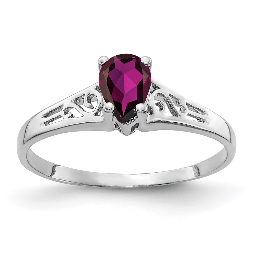 14K White Gold 6x 4mm Pear Rhodolite Garnet Filigree Ring