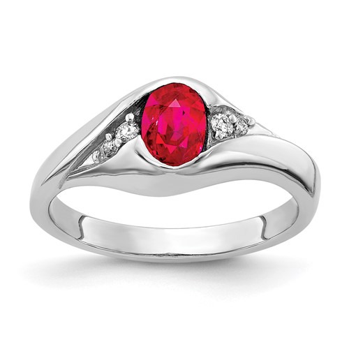 14K White Gold 6x 4mm Oval Ruby and 0.12 Carat AA Diamond Ring