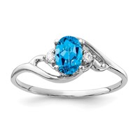14K White Gold 6x 4mm Oval Blue Topaz and AA Diamond Ring view 1