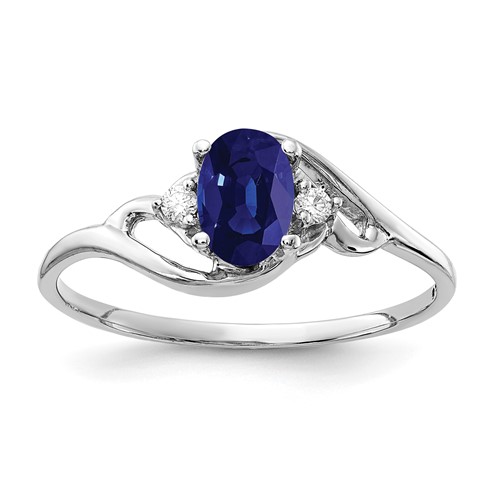 14K White Gold 6x4mm Oval Blue Sapphire and AA Diamond Ring