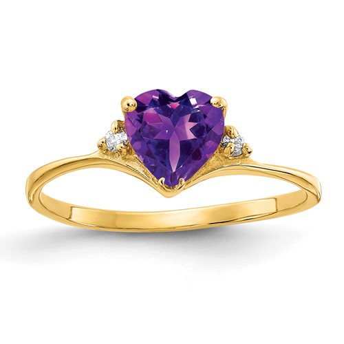 14K 6mm Yellow Gold Heart Amethyst and Aaa Diamond Ring