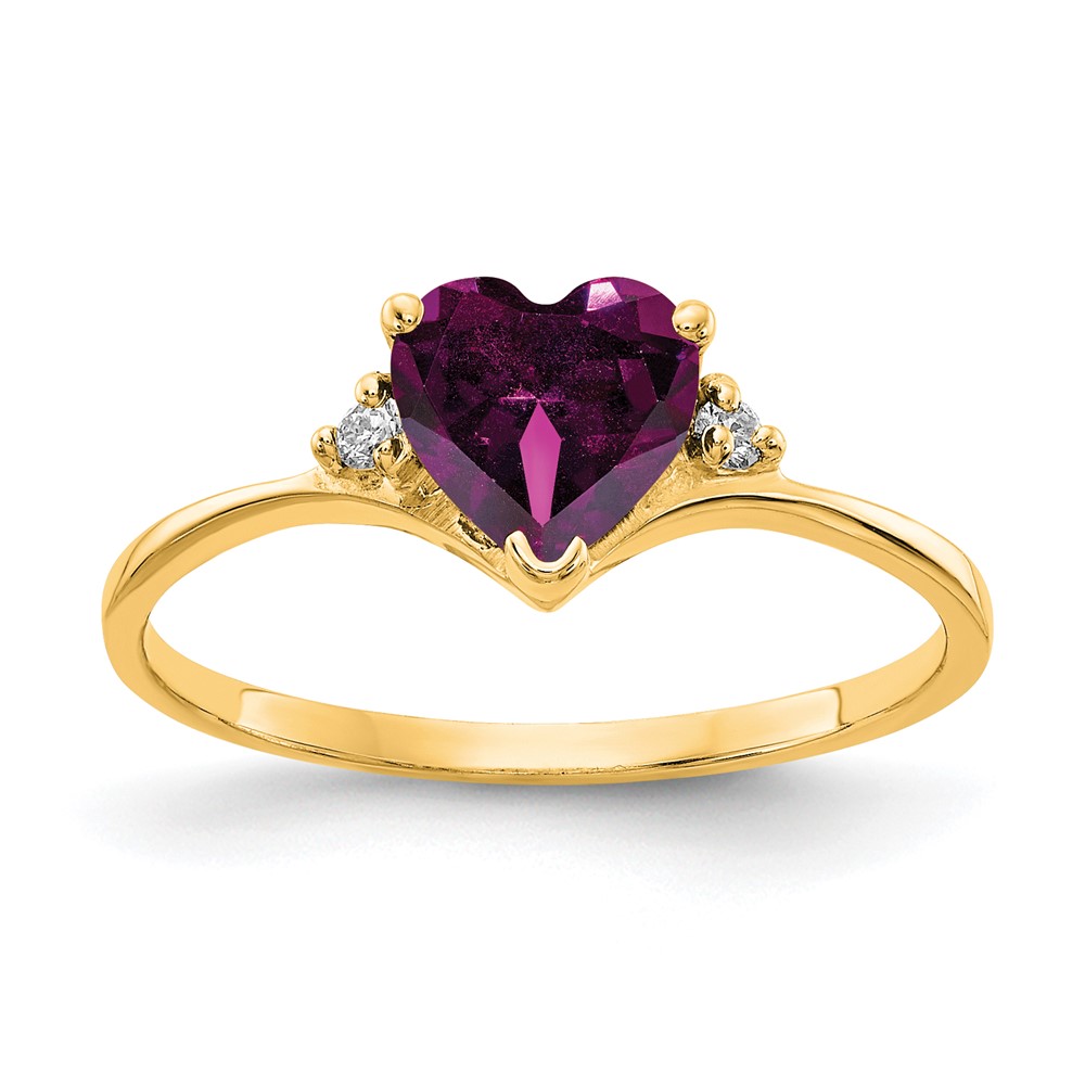14K 6mm Yellow Gold Heart Rhodolite Garnet and VS Diamond Ring