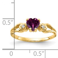 14K 5mm Yellow Gold Heart Rhodolite Garnet and AA Diamond Ring view 2