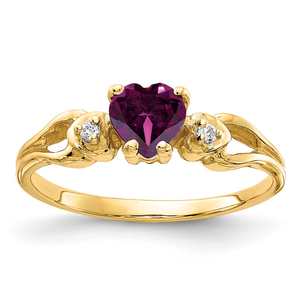 14K 5mm Yellow Gold Heart Rhodolite Garnet and AA Diamond Ring