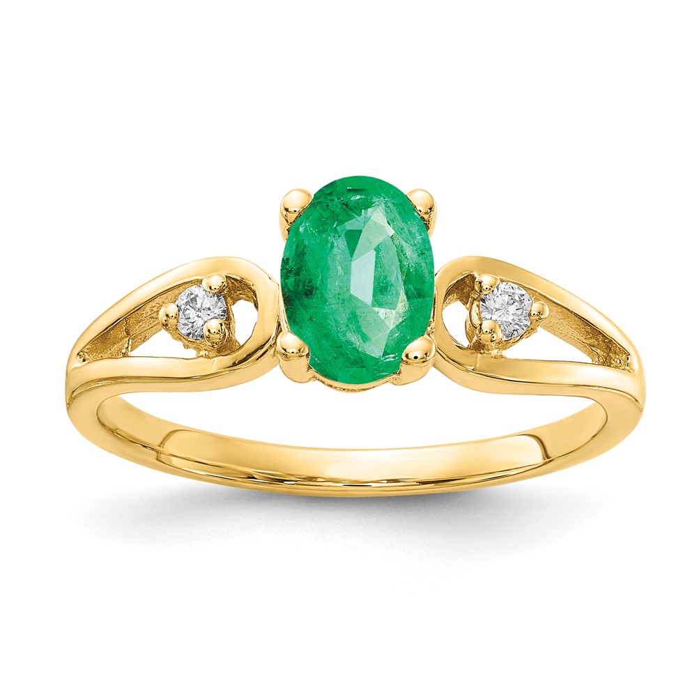 14K Yellow Gold 7x 5mm Oval Emerald and 0.05 Carat AA Diamond Ring