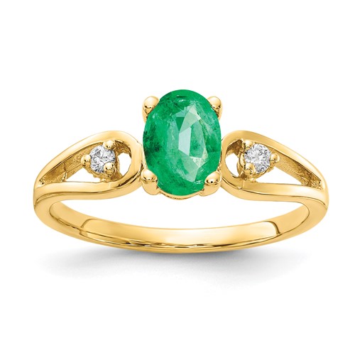 14K Yellow Gold 7x 5mm Oval Emerald and 0.05 Carat AA Diamond Ring