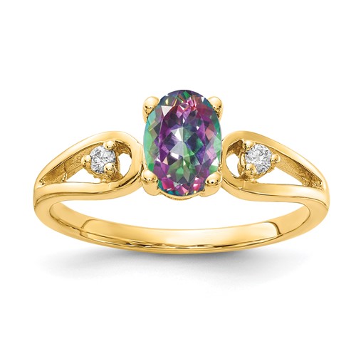 14K Yellow Gold 7x 5mm Oval Mystic Fire Topaz and 0.05 Carat AA Diamond Ring