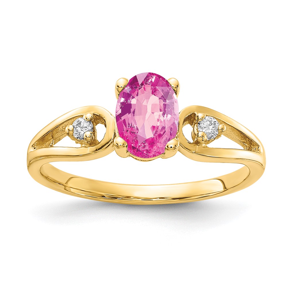 14K Yellow Gold 7x 5mm Oval Pink Sapphire and 0.05 Carat AA Diamond Ring