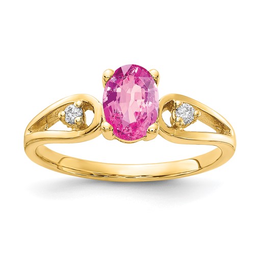 14K Yellow Gold 7x 5mm Oval Pink Sapphire and 0.05 Carat AA Diamond Ring