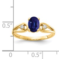 14K Yellow Gold 7x 5mm Oval Blue Sapphire and 0.05 Carat AA Diamond Ring view 2