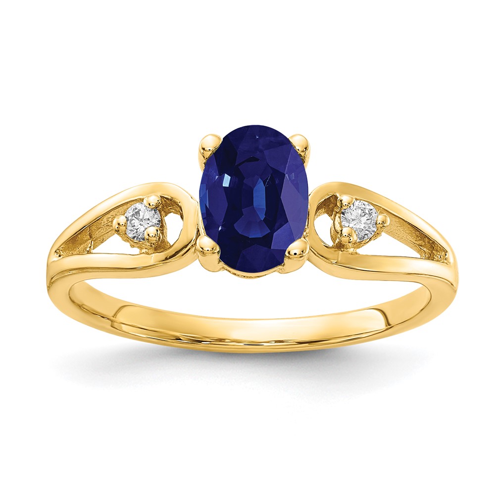 14K Yellow Gold 7x 5mm Oval Blue Sapphire and 0.05 Carat AA Diamond Ring