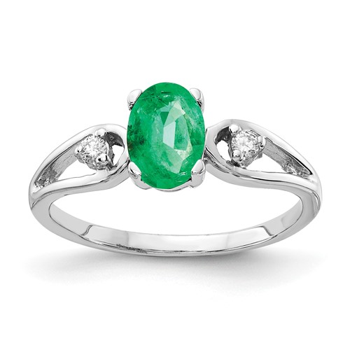 14K White Gold 7x 5mm Oval Emerald and 1/20 Carat AA Diamond Ring