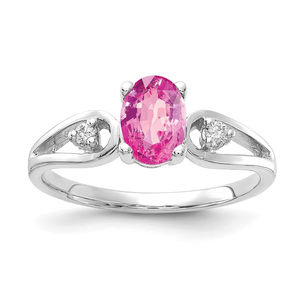 14K White Gold 7x 5mm Oval Pink Sapphire and 0.05 Carat AA Diamond Ring