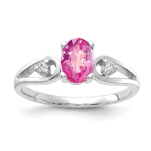 14K White Gold 7x 5mm Oval Pink Sapphire and 0.05 Carat AA Diamond Ring