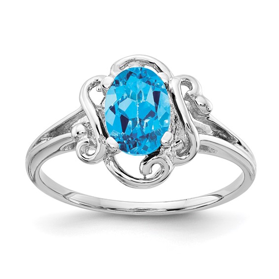 14k White Gold 7x5mm Oval Blue Topaz Checker ring