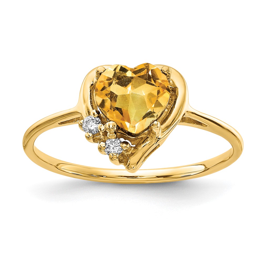 14K 6mm Yellow Gold Heart Citrine and Aaa Diamond Ring