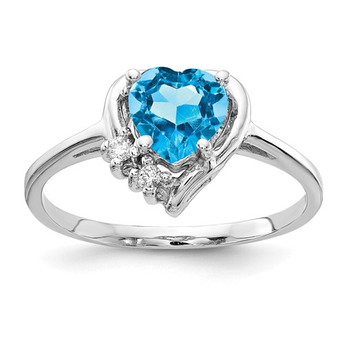 14K White Gold 6mm Heart Blue Topaz and a Diamond Ring