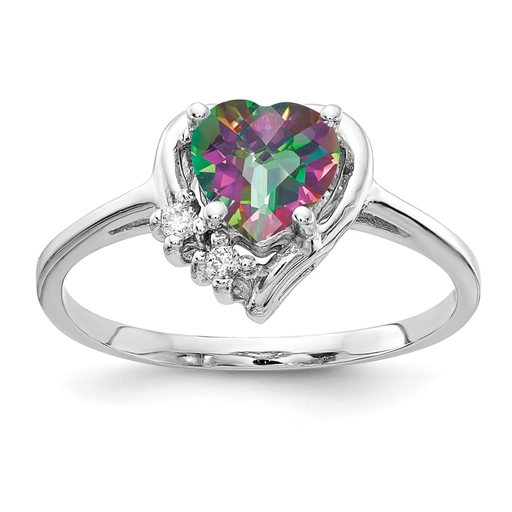 14K White Gold 6mm Heart Mystic Fire Topaz and AA Diamond Ring