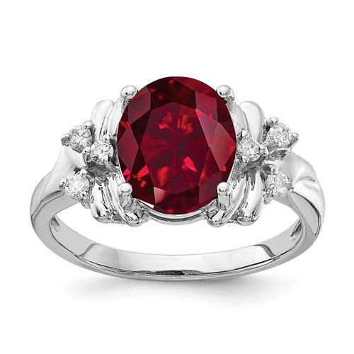 14K White Gold 10x 8mm Oval Lab-Created Ruby and 0.10 Carat AA Diamond Ring