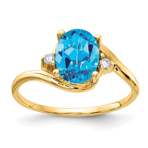 14K Yellow Gold 8x 6mm Oval Blue Topaz and 0.05 Carat AA Diamond Ring