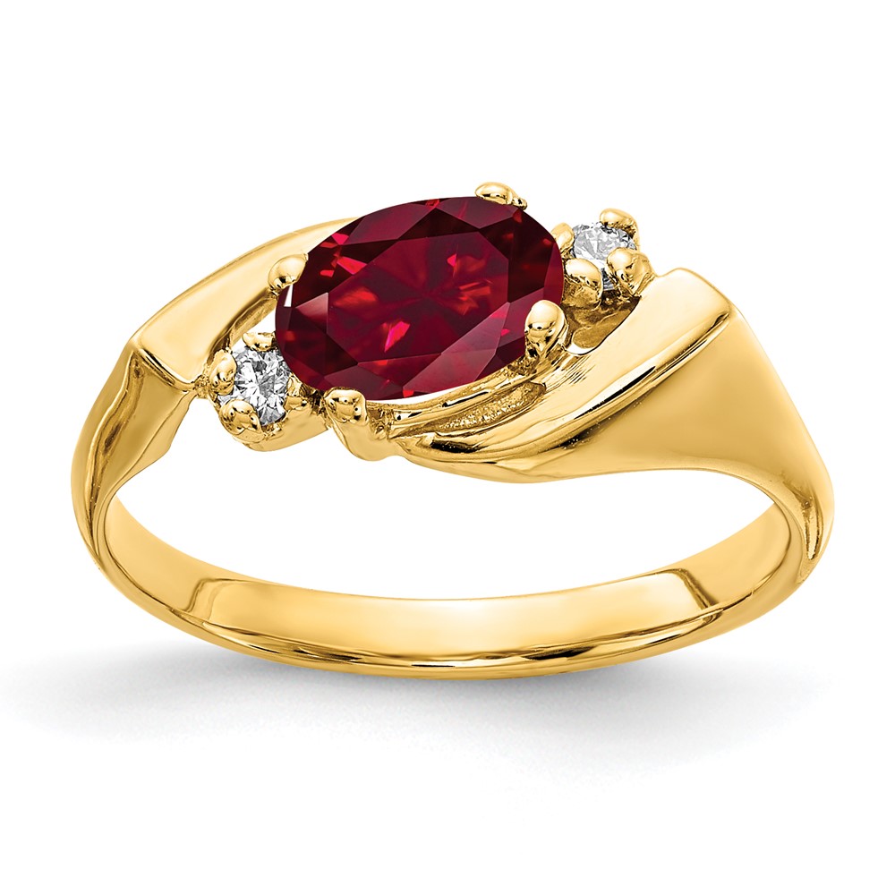 14K Yellow Gold 7x5mm Oval Lab-Created Ruby and 1/20 Carat VS Diamond Ring