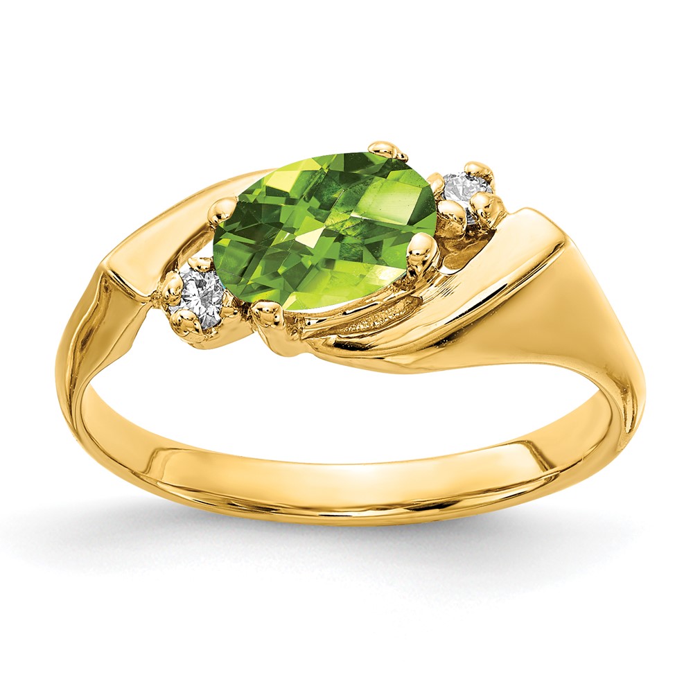 14K Yellow Gold 7x 5mm Oval Peridot Checker-cut and 0.05 Carat a Diamond Ring