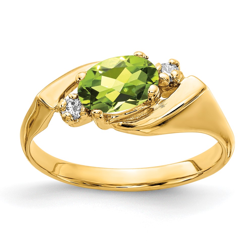 14K Yellow Gold 7x5mm Oval Peridot Checker-cut and 1/20 Carat AA Diamond Ring