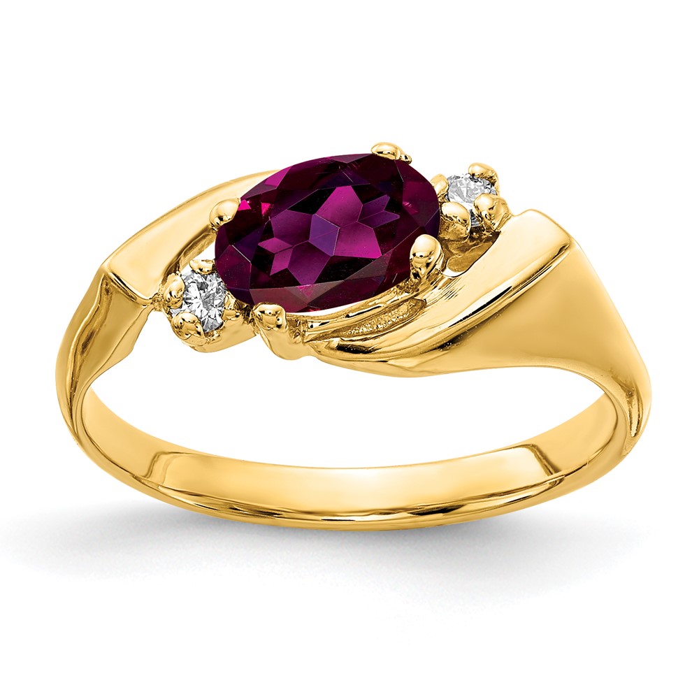 14K Yellow Gold 7x 5mm Oval Rhodolite Garnet and AA Diamond Ring