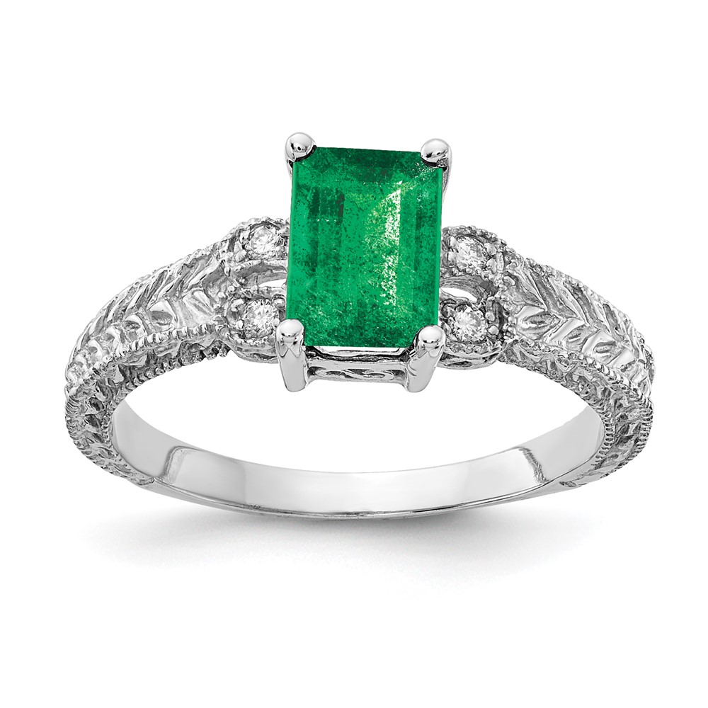 14K White Gold 7x 5mm Emerald-cut Emerald and 0.05 Carat Aaa Diamond Ring