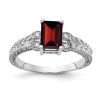 14K White Gold 7x 5mm Emerald-cut Garnet and 0.05 Carat Aaa Diamond Ring view 1
