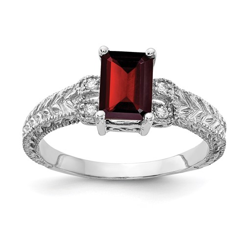 14K White Gold 7x5mm Emerald-cut Garnet and 1/20 Carat AA Diamond Ring