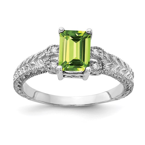 14K White Gold 7x 5mm Emerald-cut Peridot and 0.05 Carat AA Diamond Ring
