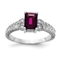 14K White Gold 7x 5mm Emerald-cut Rhodolite Garnet and 0.05 Carat AA Diamond Ring view 1