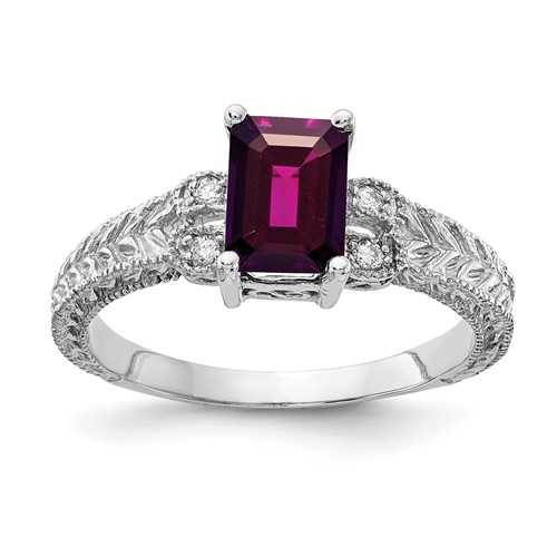 14K White Gold 7x 5mm Emerald-cut Rhodolite Garnet and 1/20 Carat AA Diamond Ring