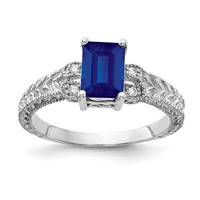 14K White Gold 7x 5mm Emerald-cut Blue Sapphire and 0.05 Carat AA Diamond Ring view 1