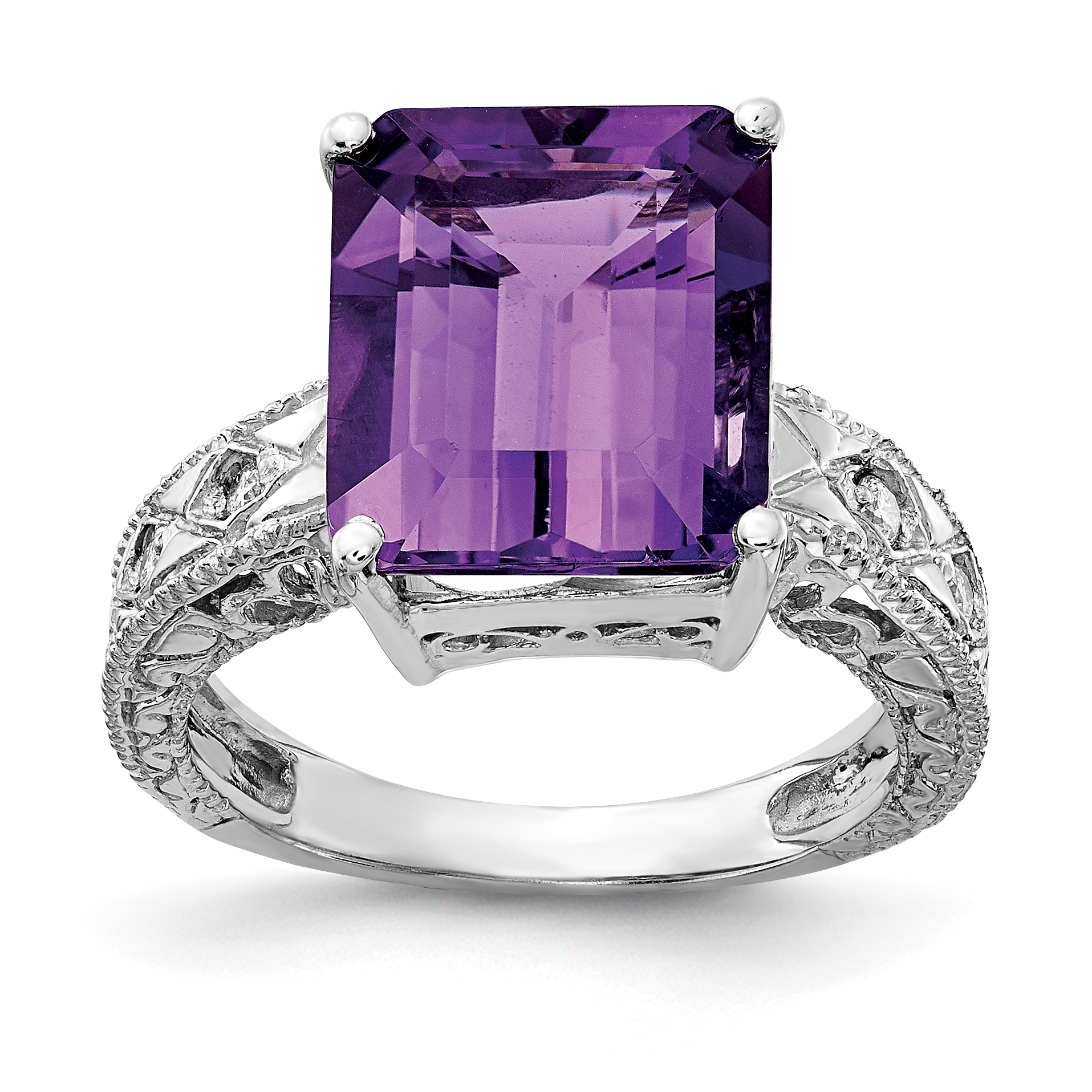 14k White Gold 12x10mm Emerald Cut Amethyst AA Diamond ring (Y2270AM/AA)