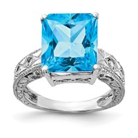 14K White Gold 12x 10mm Emerald-cut Blue Topaz and 0.07 Carat Aaa Diamond Ring view 1