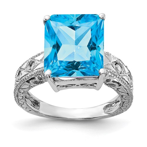 14K White Gold 12x 10mm Emerald-cut Blue Topaz and 0.07 Carat a Diamond Ring