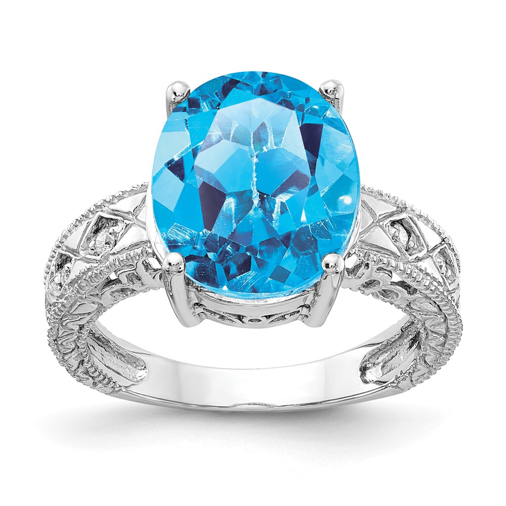 14K White Gold 12x 10mm Oval Blue Topaz and 0.05 Carat AA Diamond Ring