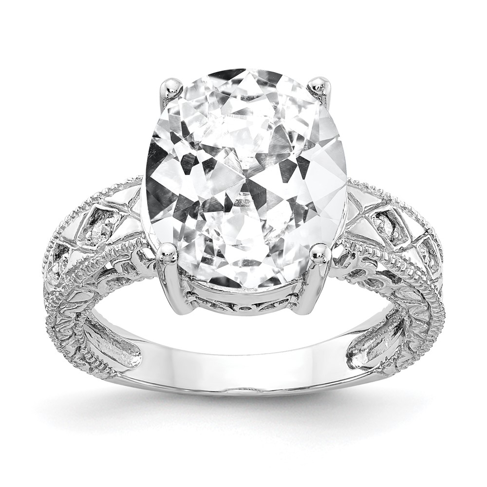 14K White Gold 12x 10mm Oval Cubic Zirconia and 0.05 Carat AA Diamond Ring