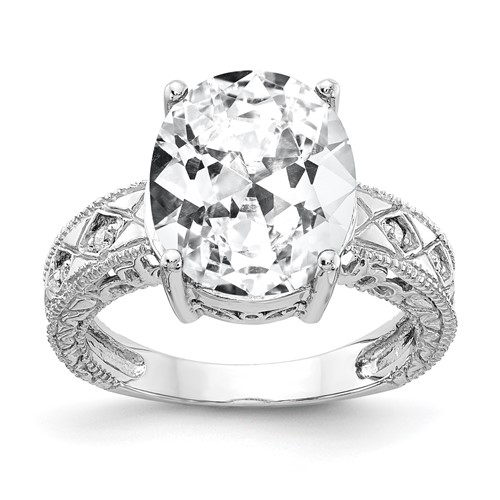 14K White Gold 12x 10mm Oval Cubic Zirconia and 0.05 Carat AA Diamond Ring