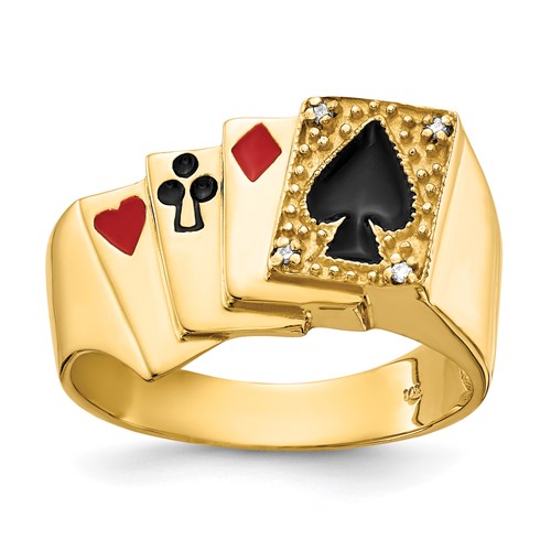 IB Goodman 14K Yellow Gold Red and Black Enameled Ring with AA Diamond Mens Poker