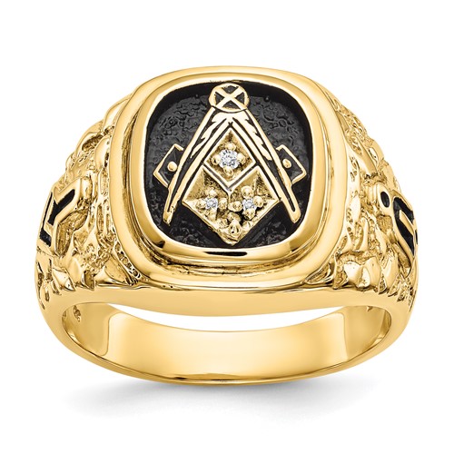 IB Goodman 14K Polished and Antiqued Nugget Texture Aaa Quality Diamond Masonic Ring