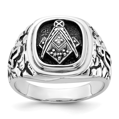 IB Goodman 14K White Gold Mens Polished Antiqued Nugget Texture Ring with Black Enamel and AA Quality Diamonds Masonic