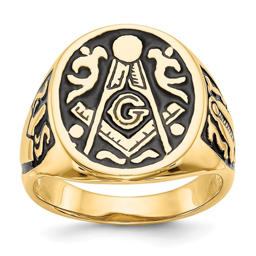 IB Goodman 14K Yellow Gold Mens Polished and Grooved Ring with Black Enamel Masonic