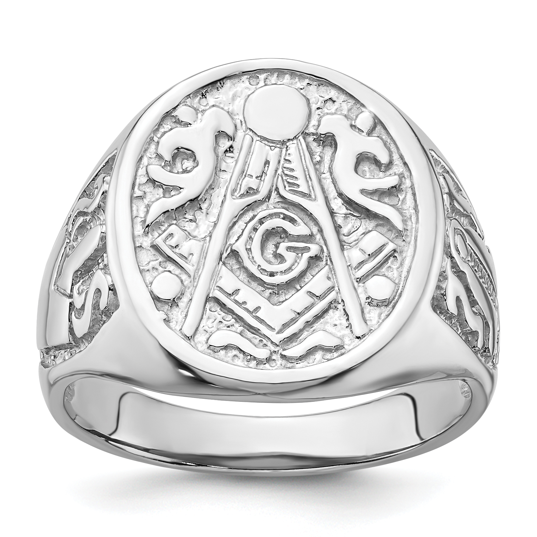 14k White Gold Men's Polished and Grooved (No Enamel) Masonic Ring (Y4042)